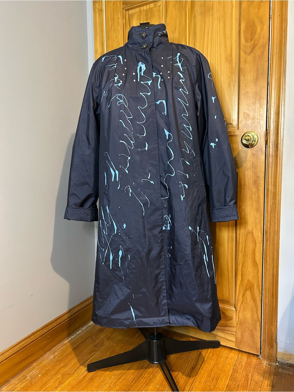 Vintage Upcycled Cabin Creek Navy Trench Coat with Splatter Paint and Crochet